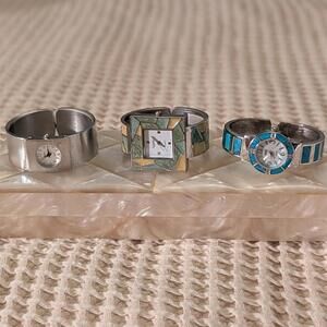 Y2K Cuff Watch Trio • Chunky Silver, Turquoise Inlay, Retro Statement Set